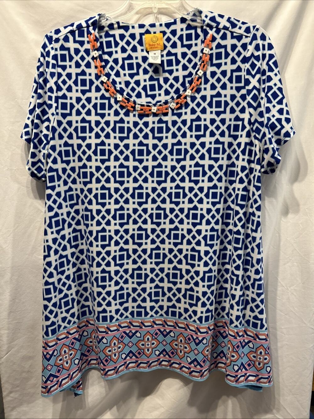 Ruby Rd Womens 1x Blue Geometric 3/4 Sleeve Tunic Top Athleisure Boho Comfort